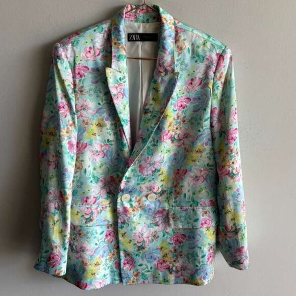Zara Women Bloggers Favorite Floral Satin Double Breasted Blazer Multicolor Sz L - Picture 10 of 12